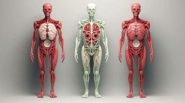 3D illustration mockup of the human organ system, Anatomy, Nervous, circulatory, digestive, excretory, urinary,and bone systems. Medical education concept