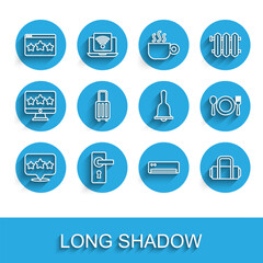 Set line Five stars rating review, Door handle, Air conditioner, Suitcase, Plate, fork knife and Hotel service bell icon. Vector