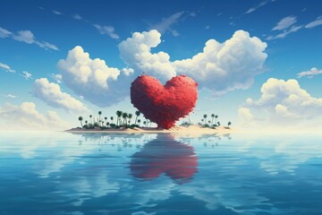 A red heart floats in turquoise waters with a far desert island and cloudy sky. Generative AI
