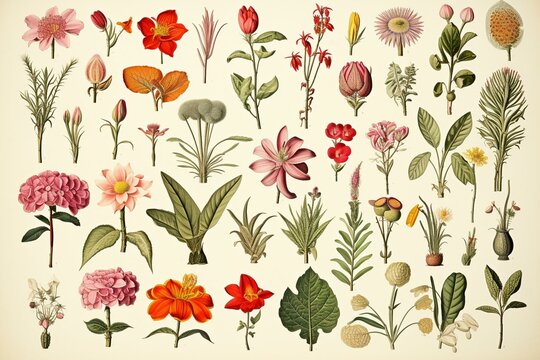 Illustration of classic botanical collection from Larousse's 20th century edition. Generative AI