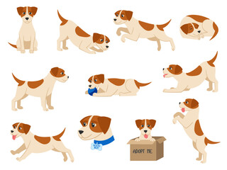 Cartoon dog. Playful beagle pup pet sits, runs, sleeps and plays with ball. Good boy vector illustration set