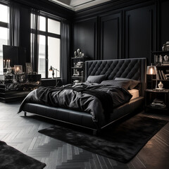 Schönes modernes Schlafzimmer in schwarzen edlen Luxus Stil, ai generativ