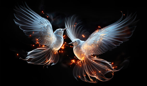 Two white doves flying. Light painting style. Black background. 
