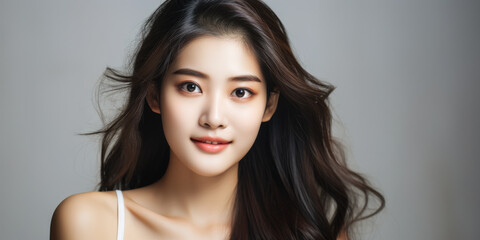 Fototapeta premium Asian Woman with Smooth Skin in Studio Light: An Asian woman with smooth skin, photographed in studio light.