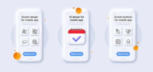 Cursor, Like and Dermatologically tested line icons pack. 3d phone mockups with calendar. Glass smartphone screen. Messenger, Auction hammer, Cloud computing web icon. Vector