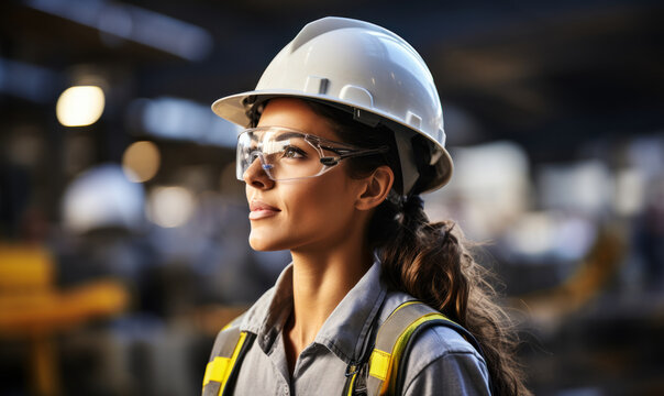 Construction Site Professional: Female Engineer In Hat And Glasses