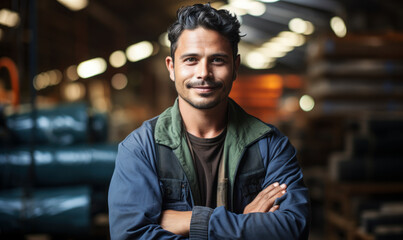 Confident Factory Worker: A photo of a confident factory worker posing for the camera, looking at the viewer