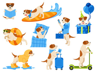 Dog mascot. Adorable puppy character, cute beagle read book, surfs, sleeps on pillow, travel and rides scooter cartoon vector illustration set