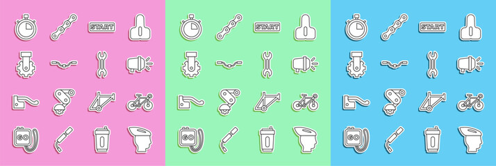 Set line Bicycle helmet, head lamp, Ribbon in finishing line, handlebar, Derailleur bicycle rear, Stopwatch and Wrench spanner icon. Vector