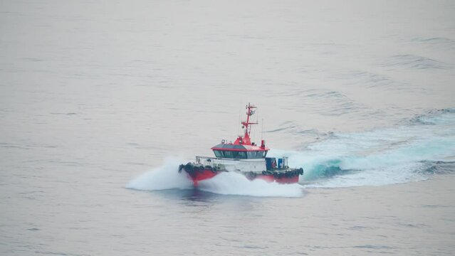 4k, aerial view of the Pilot boat in the port of Jeddah, Saudi Arabia