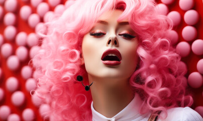 Obraz na płótnie Canvas Pink Wig Woman with Open Mouth Makeup: A woman in a pink wig, her mouth wide open, her lips painted in a bright pink color.