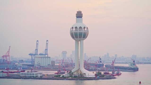 4k, panoramic aerial view of the port and lighthouse of Jeddah, Saudi Arabia