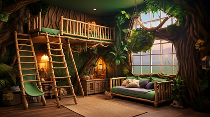 Obraz na płótnie Canvas Witness the wonder of a kids' room with this mesmerizing image. A jungle-themed design brings the wild outdoors indoors, with a treehouse bunk bed and animal-themed décor.