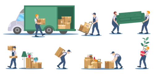 Fototapete Cartoon-Autos Moving service. Delivery service workers loading boxes and sofa into truck, residential move logistics cartoon vector illustration set