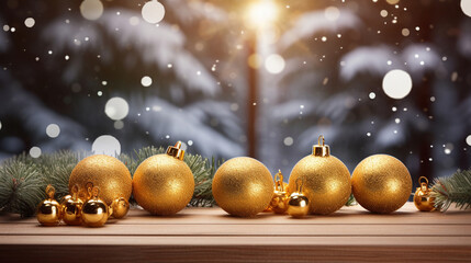Fototapeta na wymiar Weihnachtskugeln mit Lichter Bokeh am Fenster mit Wald und Schnee als Hintergrund für Druckvorlage und Grußkarten als Querformat für Banner, ai generativ