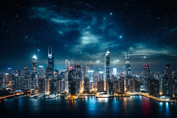 Fototapeta na wymiar glowing cityscape night modern city with high buildings generative ai