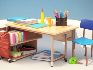 School desk with bag and school accessory on with copy space 3D Rendering, 3D Illustration
