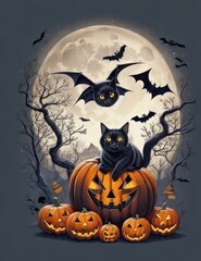 Halloween scene with black cats, spiders and pumpkin, with beautiful nocturnal moon and bats in the background, deep impression illustration, print ready vector t-shirt design