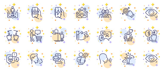 Outline set of Customer survey, Cyber attack and Cough line icons for web app. Include Money currency, Charging app, Move gesture pictogram icons. Messenger mail, Support chat. Vector