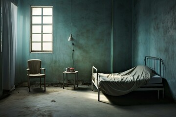 Interior of a mental hospital room with white walls. Generative AI - obrazy, fototapety, plakaty