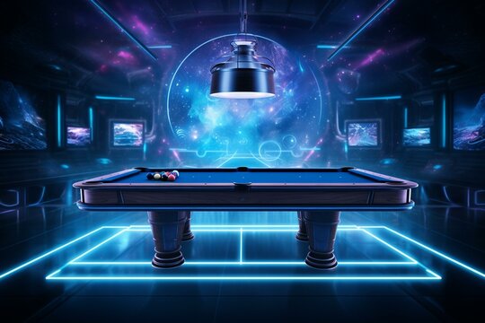 Billiards table with electronic sports screen, blue lighting, and starry background. Generative AI