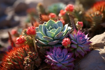 Thorny succulents adorned by vivid blooms in arid terrain. Generative AI