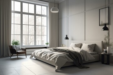 Minimalist urban bedroom with pale tones. Generative AI