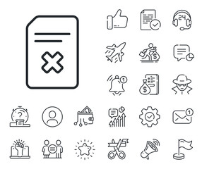 Delete Information File sign. Salaryman, gender equality and alert bell outline icons. Remove Document line icon. Paper page concept symbol. Delete file line sign. Vector