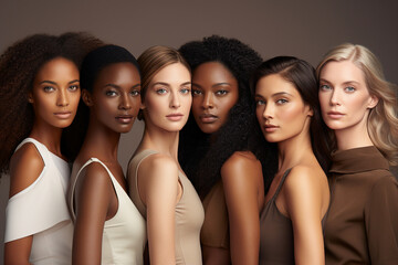 Fototapeta premium Generative AI portrait group of attractive female fashion models amazing appearance skin all races tones ethnicity