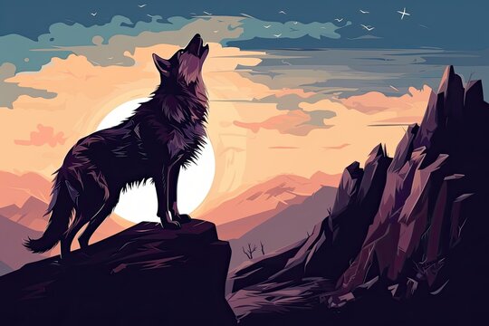 wolf stand on a cliff at full moon night lansdscape illustration