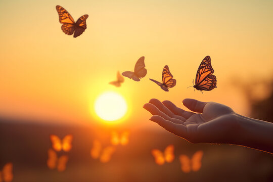 Generative AI picture Hope freedom concept human hands releasing group of butterflies over sunset