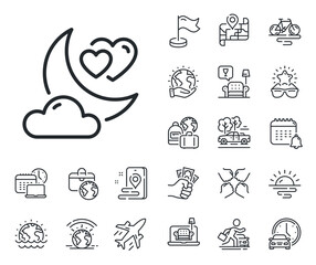 Valentines day evening sign. Plane jet, travel map and baggage claim outline icons. Love night line icon. Couple relationships symbol. Love night line sign. Car rental, taxi transport icon. Vector