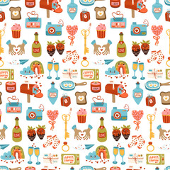 Valentines day vector seamless pattern. Gift, heart, balloon, kiss, key, candy, and other elements texture. Romantic Cartoon love wedding background