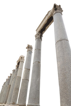 Ancient greek temple pillars. Marble columns isolated on white transparent background, high angle, PNG
