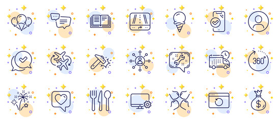 Fototapeta na wymiar Outline set of Education, Ice cream and 360 degrees line icons for web app. Include Heart, Headshot, Networking pictogram icons. Food, Spanner, Gps signs. Monitor settings, Fireworks, Delivery. Vector