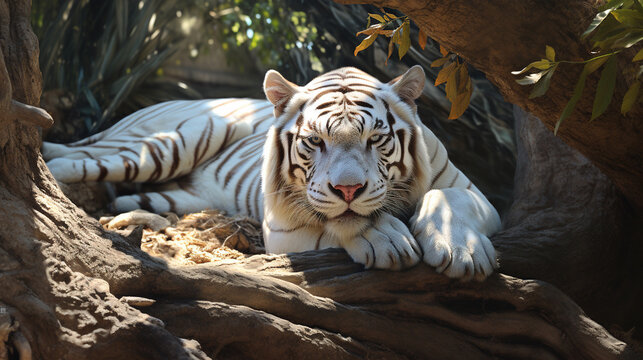 Albino Tiger: An image of an albino tiger lying gracefully under a tree
