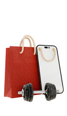 MOBILE SCREEN white with red shopping bag there is also a barbell also 3d image illustration