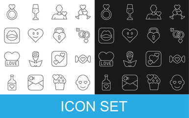 Set line Romantic man, Candy, Gender, Heart, Smiling lips, Wedding rings and Castle the shape of heart icon. Vector