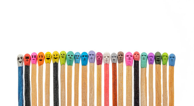 matchsticks various colors with various faces on white background