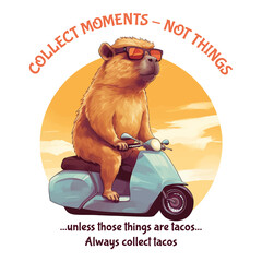 humorous illustration, a comical animal sporting stylish sunglasses is cruising into a vibrant sunset on a moped. "Collect moments, not things, unless those things are tacos. Always collect tacos". 