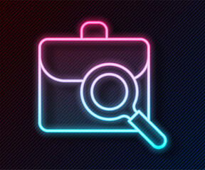 Glowing neon line Magnifying glass with briefcase icon isolated on black background. Job hunting. Work search concept. Unemployment, head hunting, career. Vector