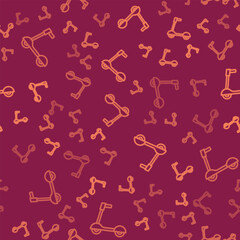 Brown line Roller scooter for children icon isolated seamless pattern on red background. Kick scooter or balance bike. Vector