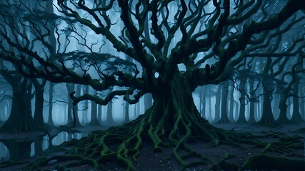 Obraz premium A majestic centenary tree stands tall in the middle of a lush, green forest.