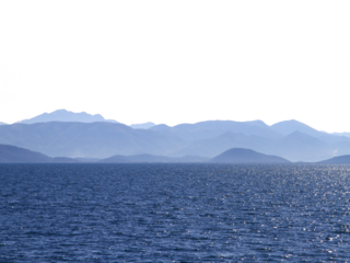 Landscape with sea and mountains isolated on white transparent background, PNG