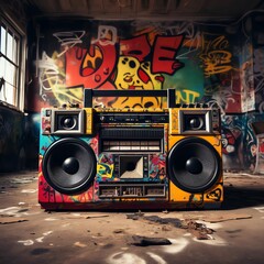 background, a colorfully decorated electronic boom box sits on the pavement of an outdoor skate park