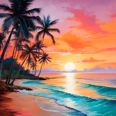 Fototapeta na wymiar sunset/sunrise on the ocean/sea beach with palm trees created with Generative Ai