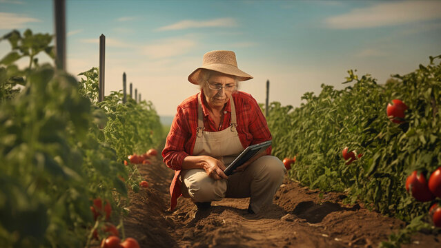 Elderly female farmer with glasses and a hat using a digital tablet near ripe tomato plants. Concept of tech integration in agriculture for quality monitoring, use of new technologies by older people