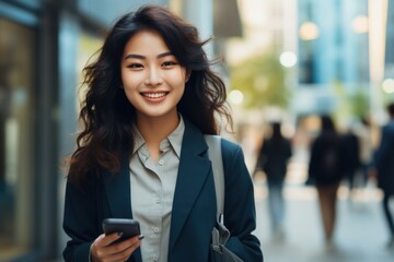 Busy young professional Asian businesswoman holding mobile phone walking on a big city street.