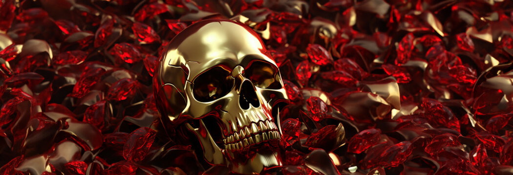 Goldener Totenkopf Sch&auml;del in roten Rubin Diamanten in Querformat als Banner, ai generativ