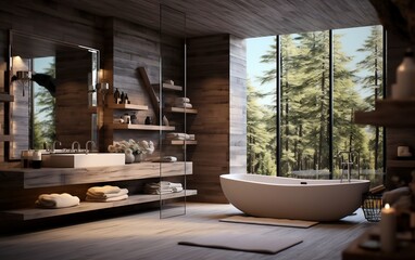 Bathroom Interior Design featuring a Wooden Vanity. Generative AI